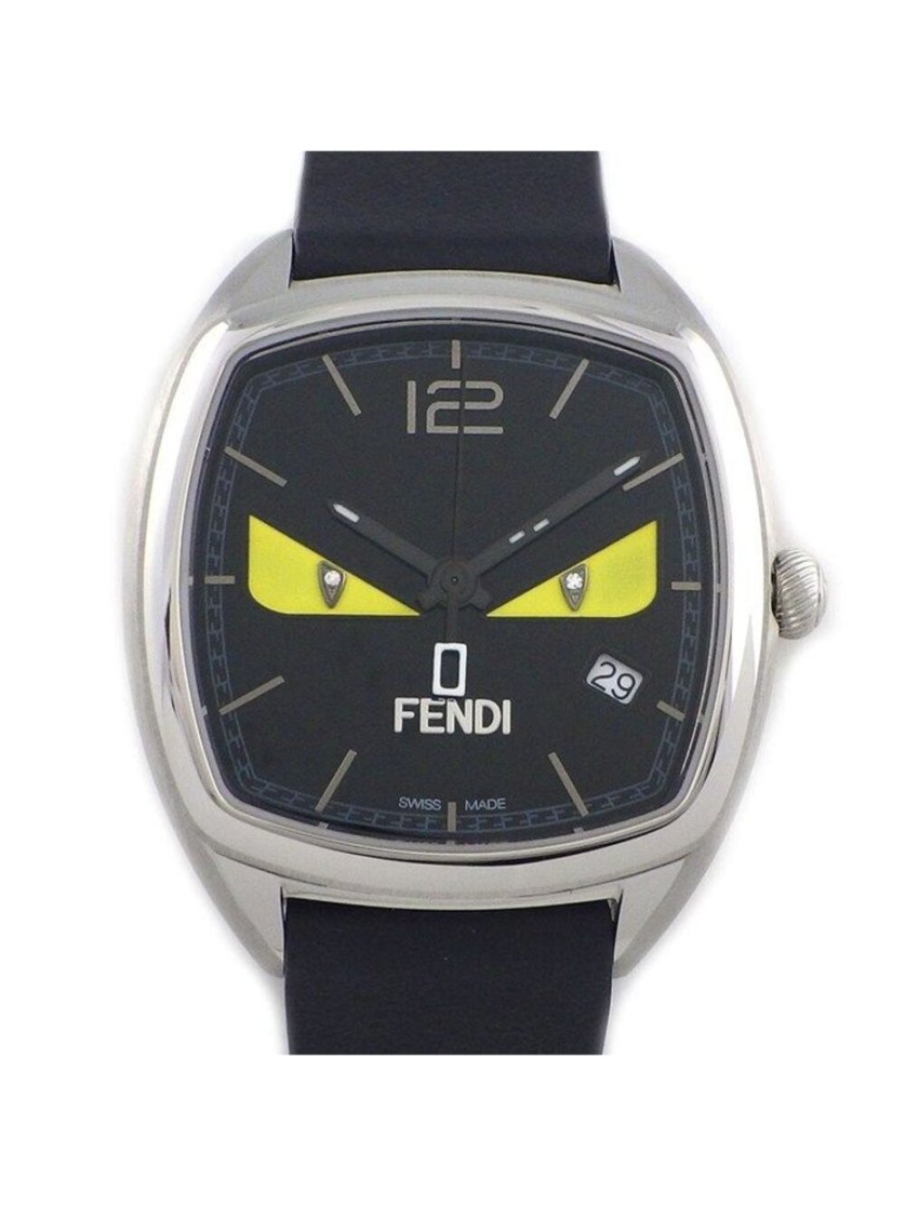 Fendi Watch Bugs Monster Square Black Dial Date SS Leather Strap Quartz Analog